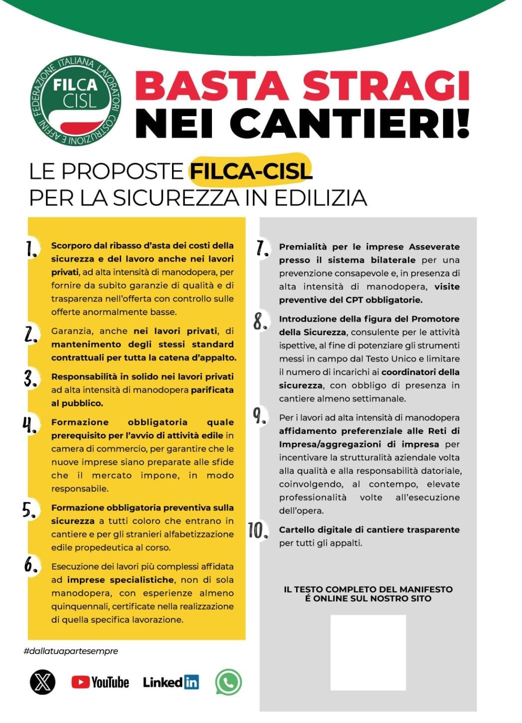 Sicurezza nei cantieri, Filca-Cisl lancia 10 proposte
