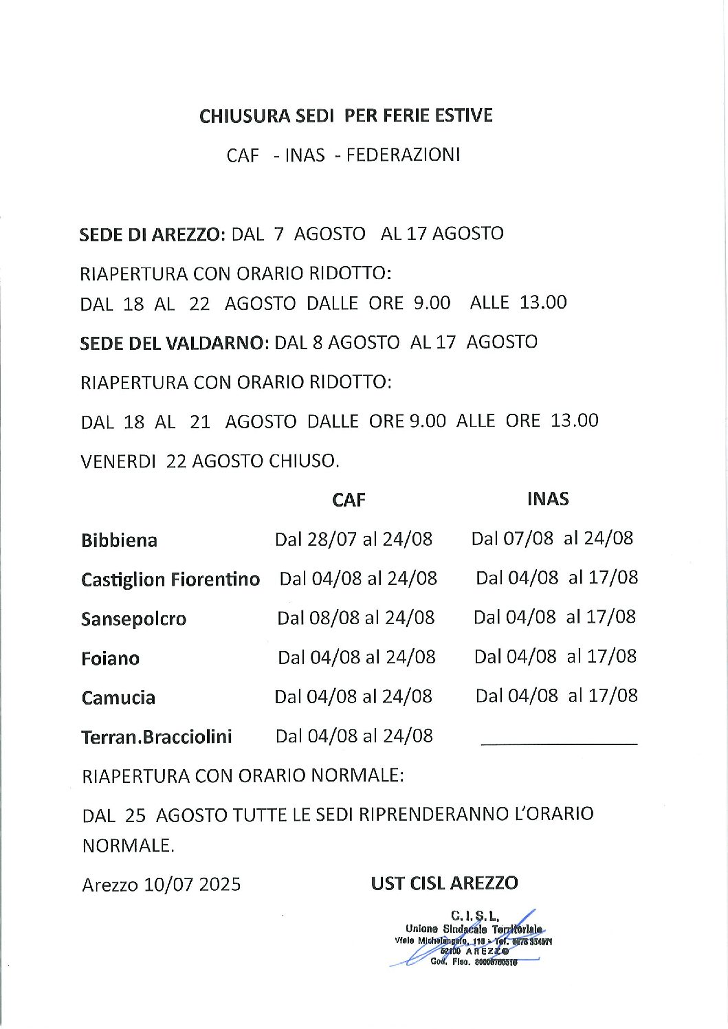 Calendario chiusure estive